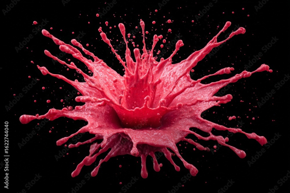 Poster bright red liquid splashes dramatically against a black background in an artistic display of motion 