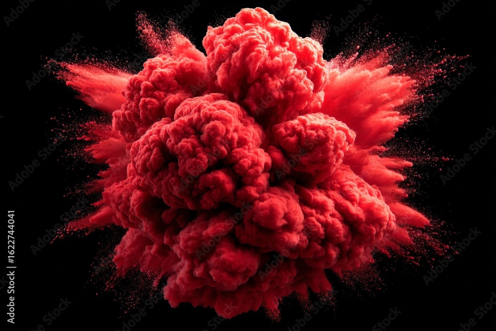 Poster red explosion cloud disperses vividly against a dark background capturing powerful energy and motion