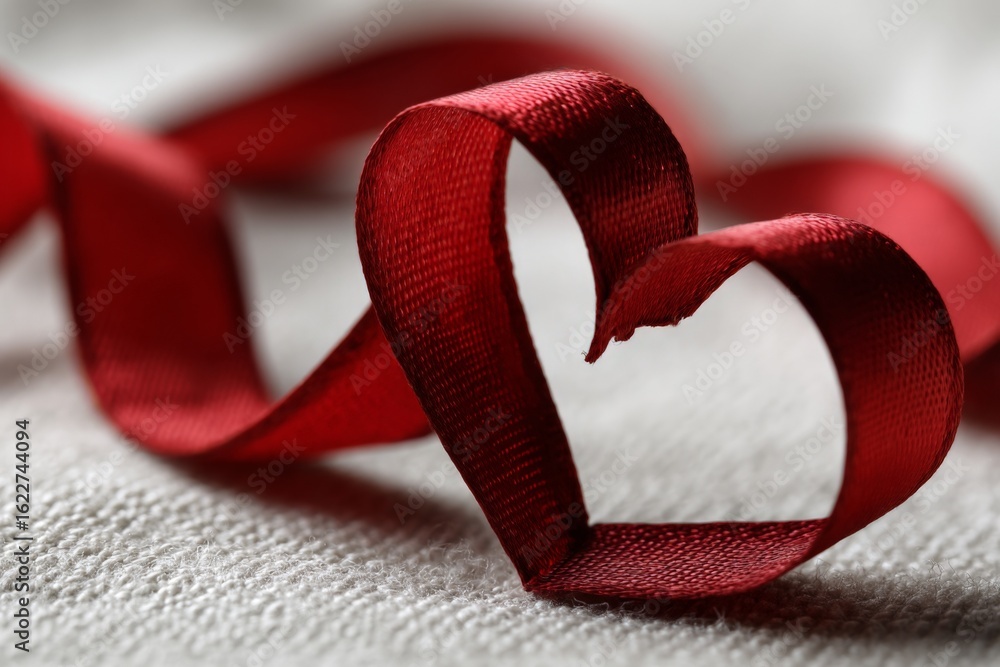 Poster satin ribbon twisted into a heart shape resting on a soft fabric surface