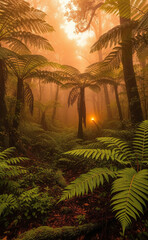 Soleil couchant dans la forêt tropicale de fougères