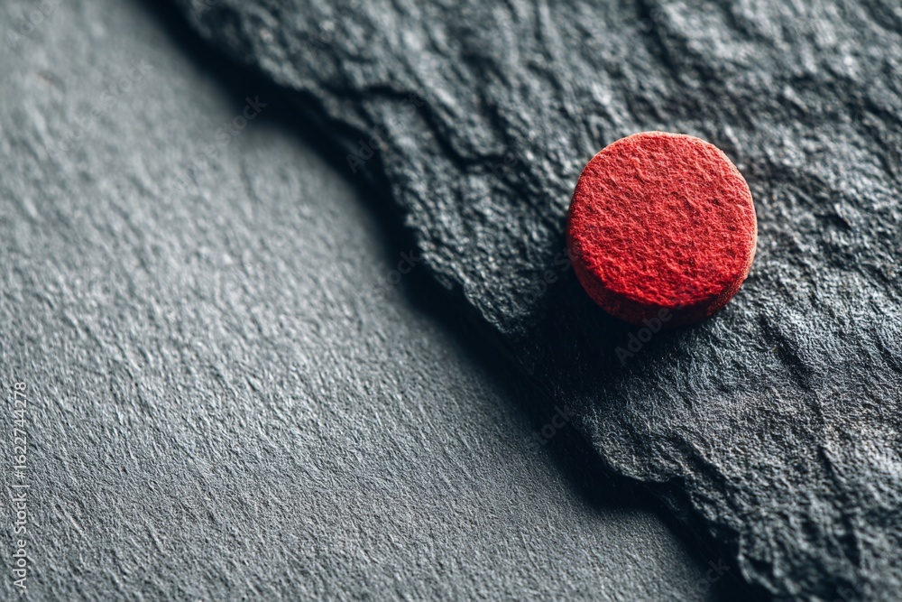 Poster red tablet positioned on textured black stone surface showcasing a striking contrast in color and ma