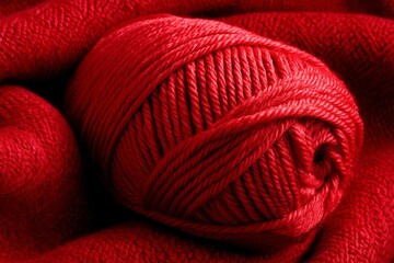 Bright red yarn ball resting on cozy textile in warm, inviting setting perfect for crafting and knitting
