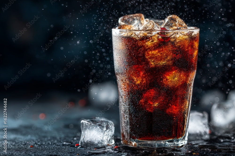 Poster refreshing cola served with ice on a dark background for a cool beverage experience
