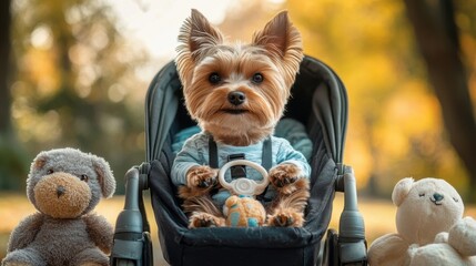 Small dog sitting in a stroller surrounded by plush toys, wearing baby clothes and a pacifier, sunny park background