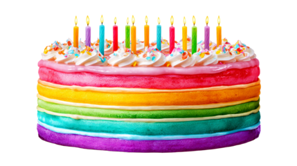 Colorful rainbow cake with candles and sprinkles for celebration