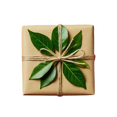 Square gift box wrapped in kraft paper, tied with twine and decorated with fresh green twig with leaves in png format