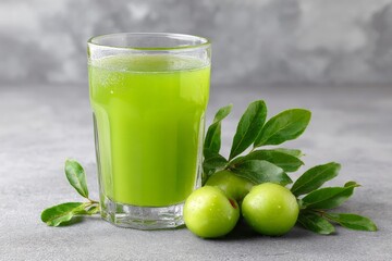Fototapeta premium Fresh green drink with fruit and leaves on a stone surface in bright lighting
