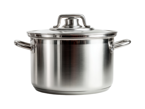 Cooking action stainless steel pot in modern kitchen culinary equipment view isolated on transparent background, png