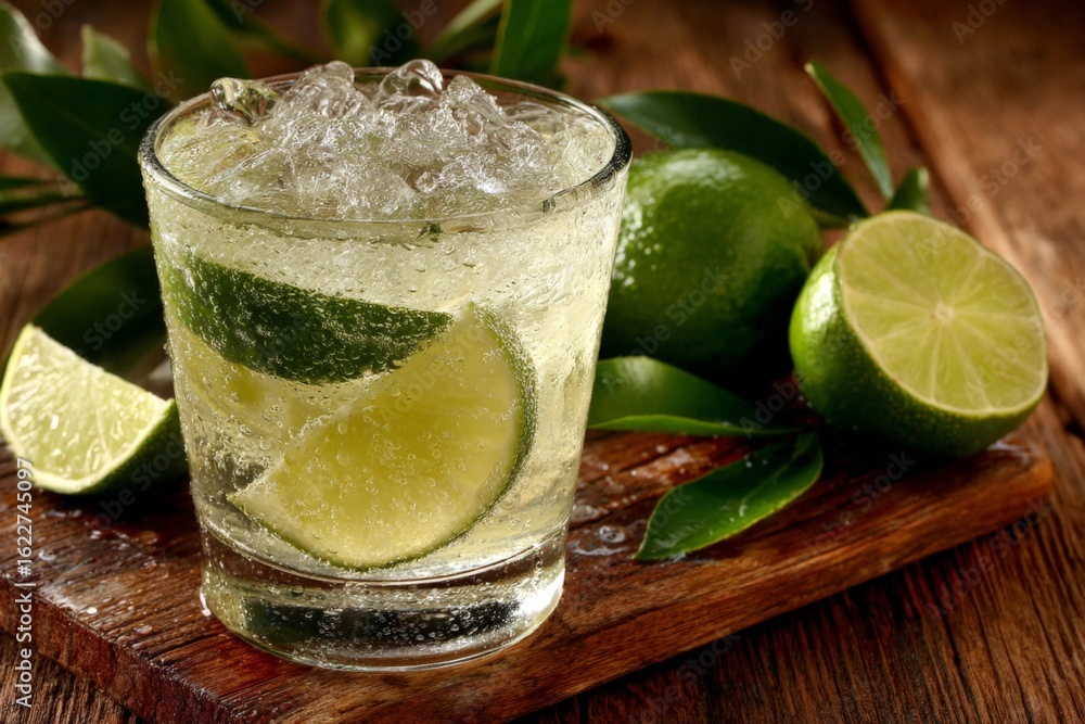 Poster refreshing cocktail with lime and ice served on wooden board with fresh limes and leaves in a rustic
