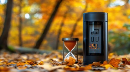 Digital energy meter next to a tiny hourglass, concept of energy savings vs. time shift benefits