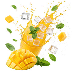 Refreshing mango juice splash with ice and mint isolated on transparent background