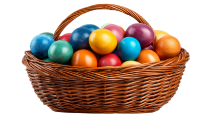 Colorful decorative eggs in a woven basket ready for celebration