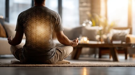 Modern spiritual man meditating at home, minimalist interior, sacred geometry aura, subtle gradients, peaceful everyday balance, soft glowing harmony