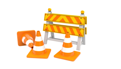 Construction site safety, traffic cone and sign indicate ongoing roadwork construction