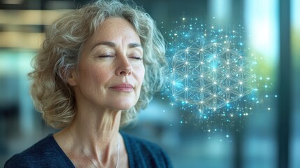 Mature woman in serene minimalist office, Flower of Life aura, spiritual focus, inner balance and awareness during menopause transition