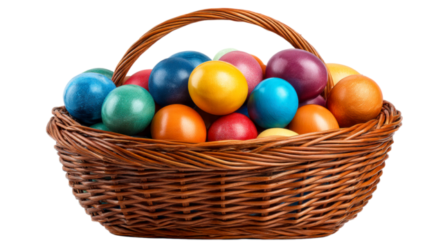 Colorful decorative eggs in a woven basket ready for celebration