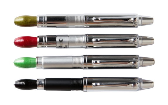 Creative writing tools colorful pens product bright environment isolated on transparent background, png