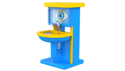 Modern blue and yellow water fountain with matching sink, a refreshing urban oasis