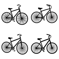 Four bicycle illustrations arranged in a square pattern showcasing different bicycle designs and styles