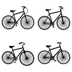 Four bicycle silhouettes arranged in a square pattern showcasing different handlebar styles and frame designs