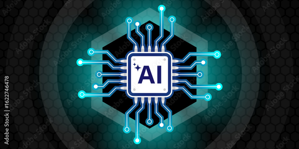 Poster brightly glowing ai chip on light circuit board on technology blue background. cpu processor or semi