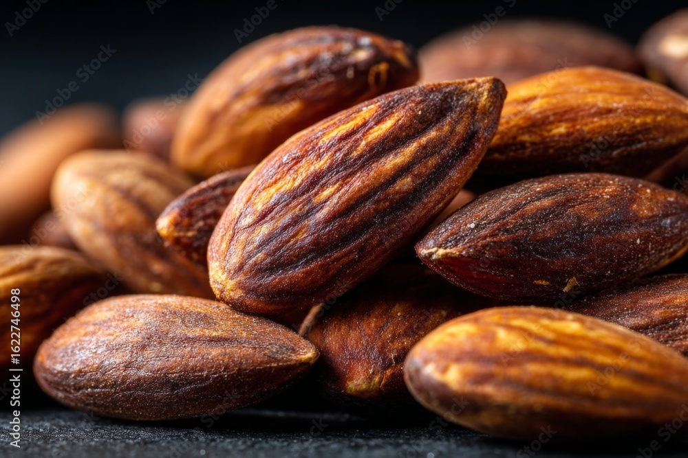 Poster almonds arranged in a close-up display showcasing their textured surfaces and natural colors on a da