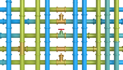Complex industrial pipeline system with blue and green pipes, a comprehensive view