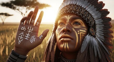 Native American Indian chief in traditional headdress with face paint raises hand with symbols. Use for Native American Heritage Month, cultural pride, indigenous representation.