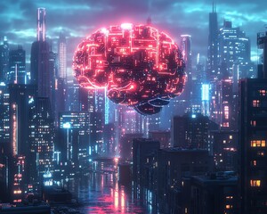 glowing cybernetic brain, artificial intelligence concept, nighttime cityscape, futuristic design, vibrant neon city lights, highdetail 8K render