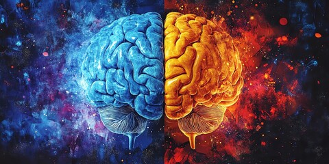 Illustration of the human brain, comparing the right creative and left logical hemispheres, education, science, and medicine concept, highresolution, modern design