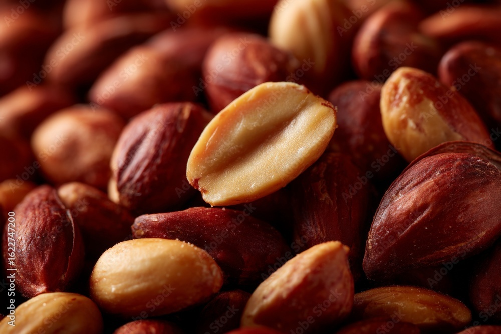Poster peanuts in various stages of shelling highlighting their texture and colors in a close-up view