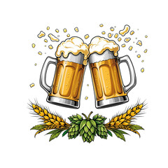 Two frothy beer mugs clinking together in a celebratory cheers with golden on transparent background