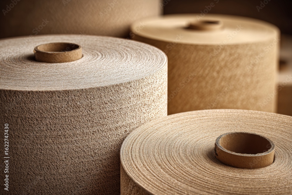 Poster rolls of textured paper displayed in an indoor workshop setting showcasing craftsmanship and materia