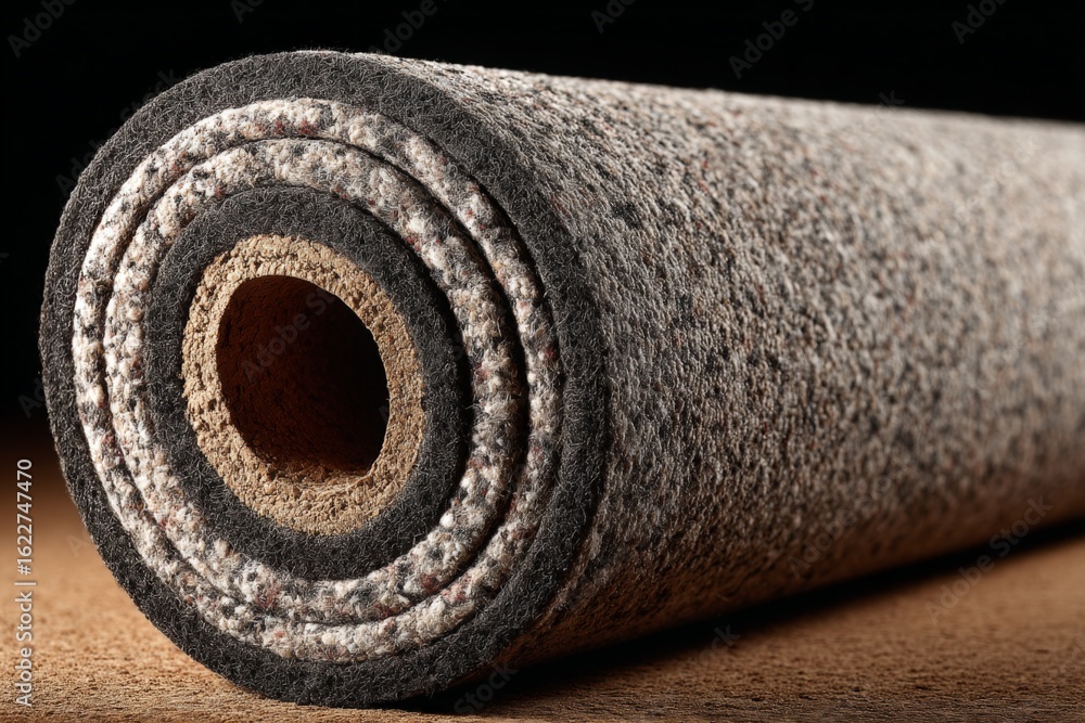 Poster high-quality rolled carpet showcasing intricate textures and colors on a rustic backdrop