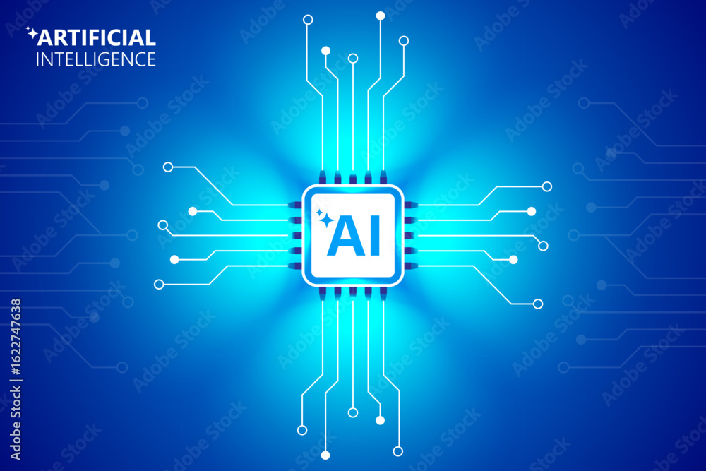 Poster brightly glowing ai chip on light circuit board on technology blue background. cpu processor or semi