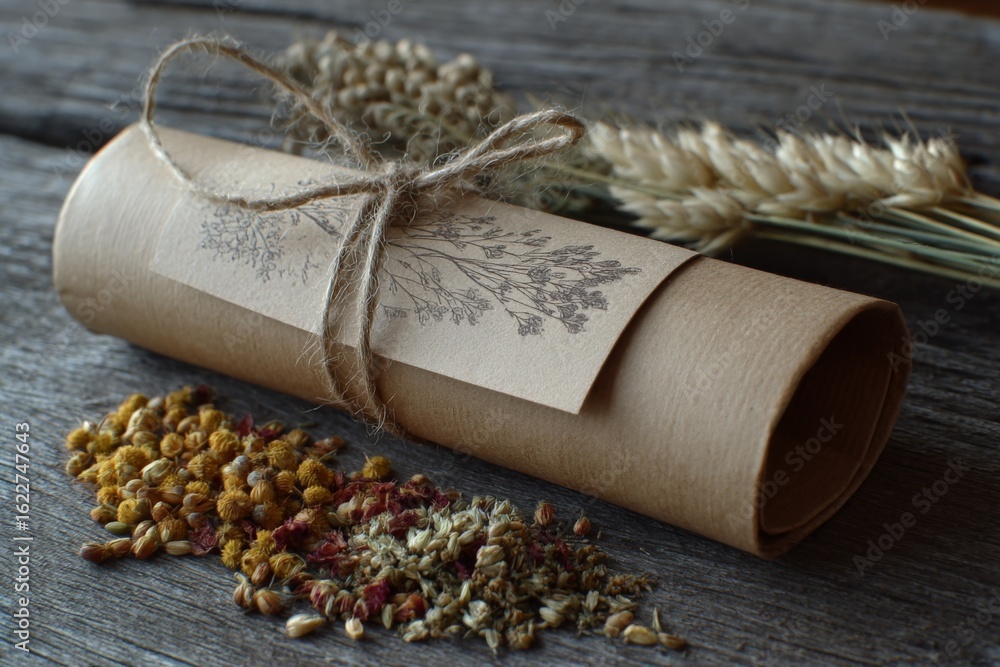 Poster crafted herbal scroll with assorted dried herbs and decorative elements displayed on rustic wooden s