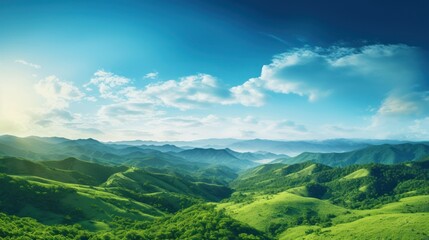 Naklejka premium A stunning panoramic summer mountain landscape with a vibrant blue sky and fluffy clouds