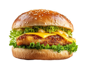 Delicious chicken burger with cheese and lettuce fast food restaurant tasty isolated on transparent background, png