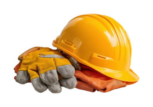 Safety gear preparation for construction workers job site equipment view isolated on transparent background, png