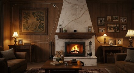 Cozy fireplace interior scene