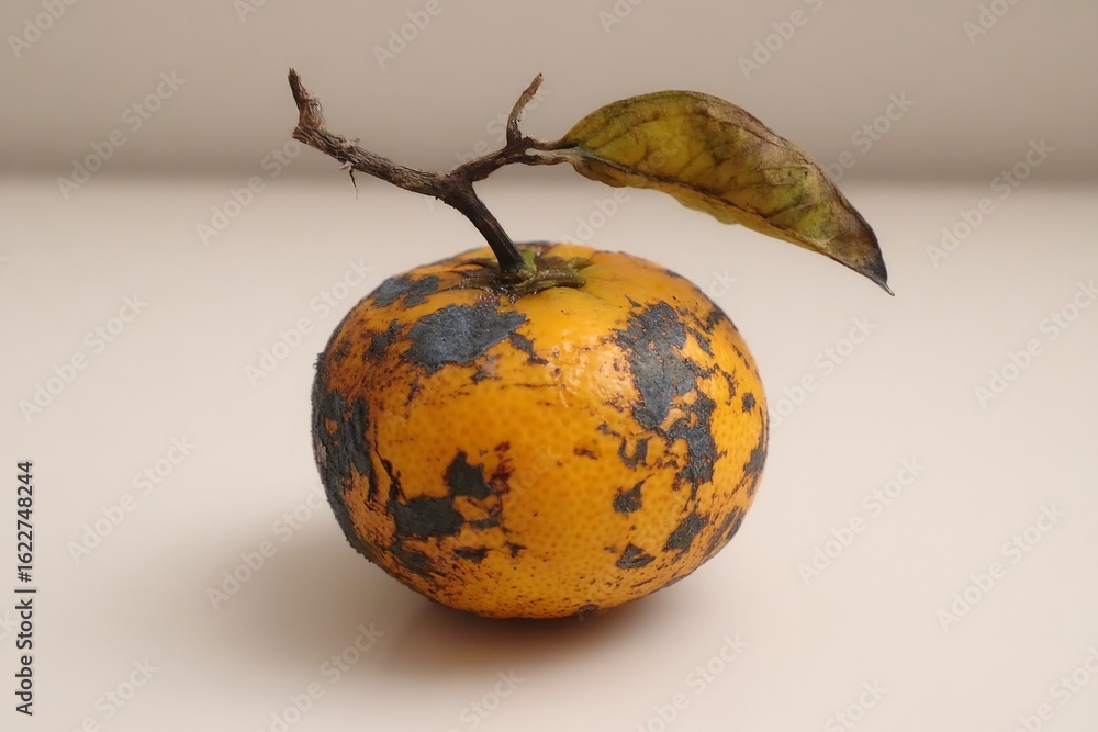 Poster freshly picked tangerine with a unique appearance and a leaf resting on top, showcasing distinct mar