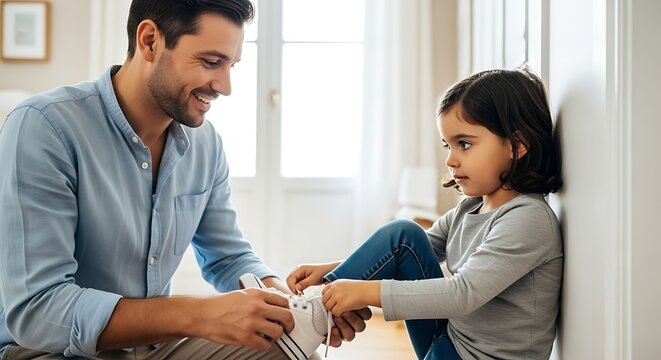 Father Helping Daughter Tie Shoelaces – Tender Parenting Moment Indoors