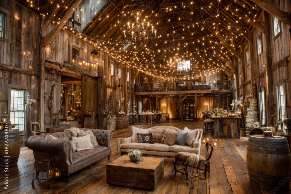 Poster rustic barn interior with cozy seating and warm string lights creating an inviting atmosphere for ga