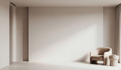 Fototapeta premium Light beige living room - modern interior hall and furniture design. Mockup for art - ivory taupe empty texture plaster microcement wall. Luxury premium nude accent lounge reception. 3d render 