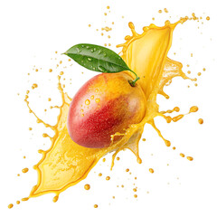 Ripe mango splashing into yellow juice isolated on transparent background