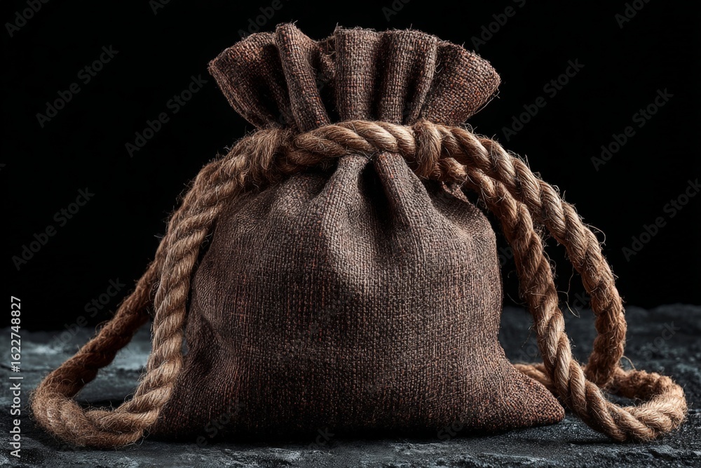 Poster brown burlap drawstring bag placed on a textured surface, showcasing its rustic design and sturdy ro