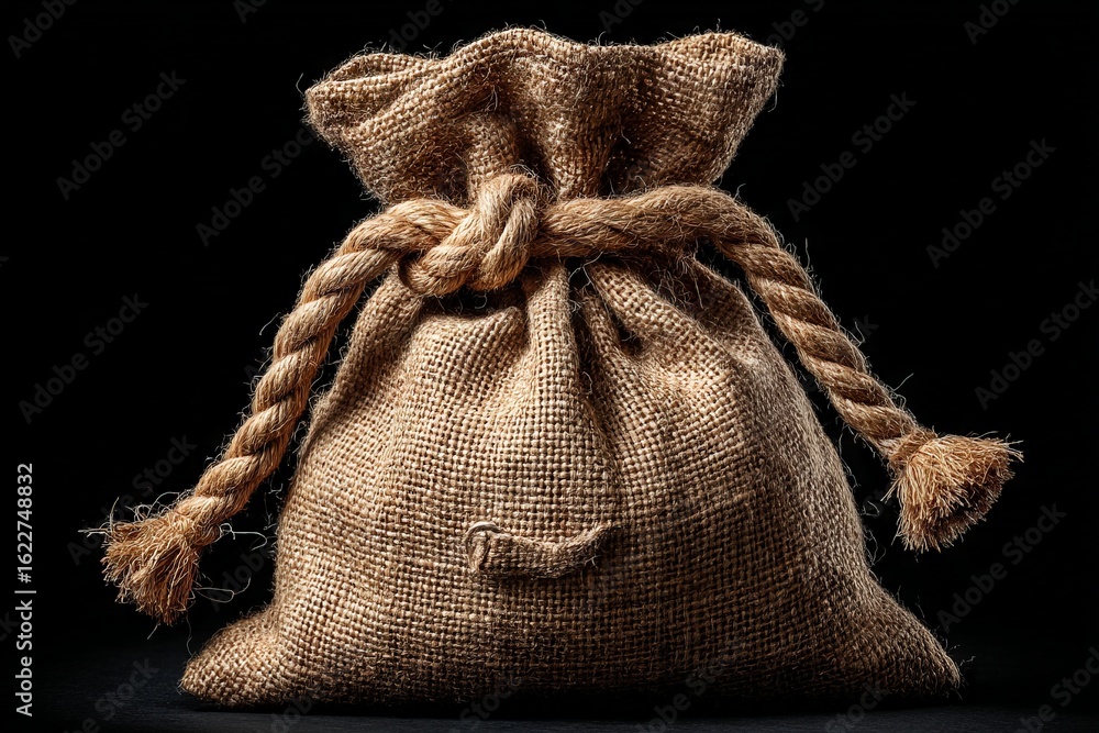 Poster sack made of burlap on a black background showcasing a rustic design and natural fibers