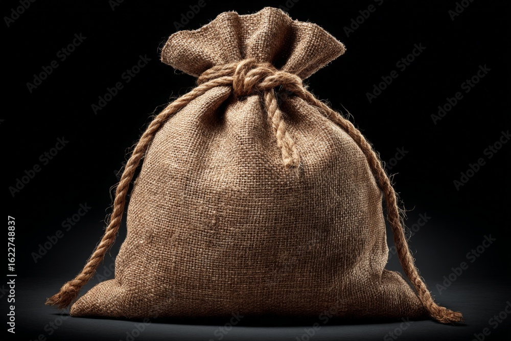 Poster sack made of burlap with a tied rope, set against a dark background highlighting its texture and for