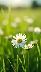 Beautiful blooming daisies in a lush green meadow with soft sunlight and a natural bokeh background. Perfect for spring and summer themes, nature design, and wellness visuals.