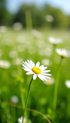 Beautiful blooming daisies in a lush green meadow with soft sunlight and a natural bokeh background. Perfect for spring and summer themes, nature design, and wellness visuals.